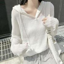 2020 Autumn New Gentle wind ice silk pullover thin sweater coat white sweater hooded top Lady