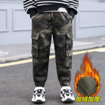 Boys' overalls 2021 new foreign style autumn and winter boys plus velvet padded pants wear camouflage children's pants