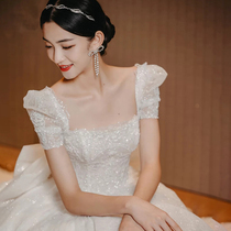 French main wedding dress 2021 new temperament bride bubble sleeves luxury big tail simple small man high-end summer