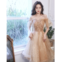 Champagne evening dress female banquet temperament celebrity high-end Princess bridesmaid dress birthday Annual Meeting dress small man