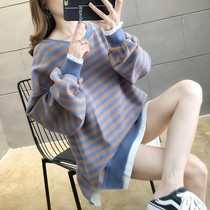 Pregnant women sweater autumn dress long 2021 new autumn winter out fashion tide style early autumn striped long sleeve T-shirt