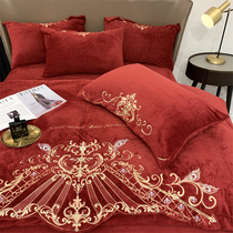 European style high-grade embroidered milk velvet four-piece padded velvet coral velvet quilt cover sheets double-sided velvet bed hats winter