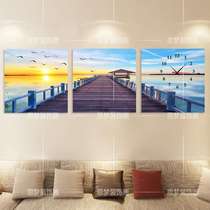 Living room sofa background wall mural decorative painting triple hanging painting landscape frameless painting wall clock ice crystal glass painting