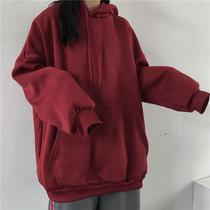 Solid color hooded sweater women 2021 New ins loose Korean bf lazy wind plus velvet padded jacket