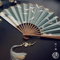 Moyu Pavilion Ruihecouple original fairy crane double-sided paper fan New ancient style folding fan Tassel Hanfu male fan