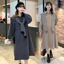 Gestational Maternity Dress Shirt Dress Shirt Dress 2022 Fall New Detachable Shawl Over Knee-long Skirt Pregnant Woman Two Sets