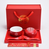 Frosted ceramic wedding ceremony with a pair of bowls chopsticks set dowry red maiden double joy bowl tray gift box couple