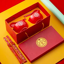 Chinese New Double Happy wedding ceramic red bowl chopsticks spoon set gift box bridesmaid to bowl wedding supplies high-end return
