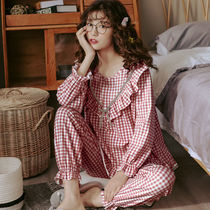 Spring and Autumn Pajamas Womens Cotton Long Sleeve Korean Cute Students Autumn and Winter Two-piece Girls Can Wear Home Clothes Cotton Summer