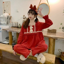 2021 Spring and Summer Korean Lady Sweet Pajamas Bow Lace Girl Palace Style Casual Home Clothes Set