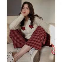 (Two-piece set)Bow cardigan sweater hanging straight plaid casual pants ins spring and autumn suit schoolgirl
