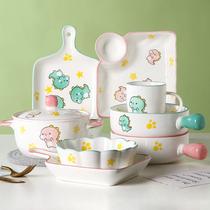Ceramic tableware with plate dumpling plate dinosaur cartoon plate instant noodle bowl