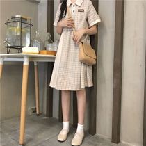 Summer New POLO collar plaid dress female students Korean loose thin Medium-length dress over the knee A- line dress