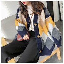 2020 Korean New Knitted Cardigan Thick Winter Dress Contrast Size Sweater Jacket Women Lazy Wind V Collar Tide