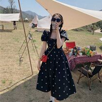 Black square collar dress 2021 New Vintage Foreign style waist slim Joker small skirt female long