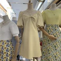 Niche kink square collar dress women 2021 summer new short sleeve skirt tide ins waist thin A- line dress