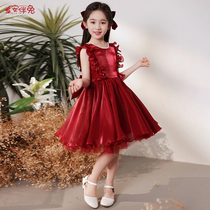 Girls high-end dress summer childrens red princess dress little girl Flower Girl Flower Girl host piano performance costume