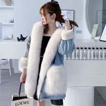 2021 autumn and winter New Net red imitation fox fur collar denim embroidered fur Pike coat women tide