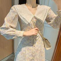 2021 spring and autumn French retro doll collar small floral dress new feminine waist thin flower skirt