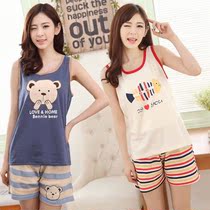  Summer Korean version 35 cotton vest pajamas womens summer cartoon sleeveless shorts two-piece suit large size loose home clothes
