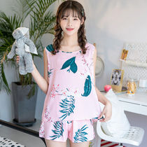 Pajamas womens summer cotton silk cute two-piece shorts sleeveless vest summer student fresh girl home service suit