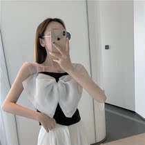 Summer 2021 New sweet chiffon stitching two wear off-shoulder color bow sleeveless short top shirt shirt women tide