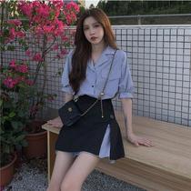 (Two-piece set) summer New loose thin sweet short sleeve shirt dress high waist split skirt