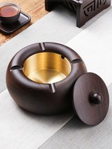 Ashtrays Creative personality Trend Living room Home Black sandalwood solid wood with cover Anti-fly ash Chinese metal copper smoke cylinder
