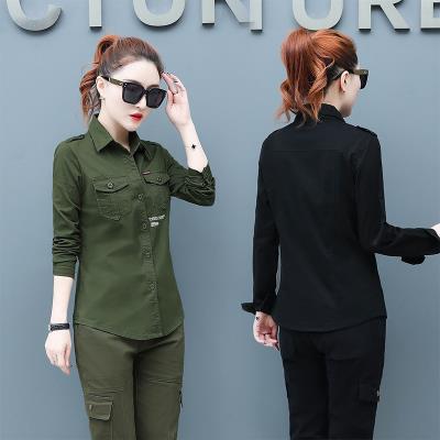 2021 spring summer ladies casual military shirt slim black long sleeve camouflage uniform military green Korean shirt set tide