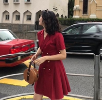 Red suit collar dress summer small man short retro red dress French waist Hepburn style temperament
