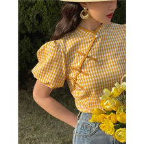 Shirt women 2021 temperament summer new small yellow check new Chinese cheongsam wind bubble sleeve coat women tide ins