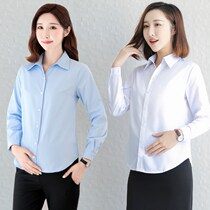 Pregnant womens shirt work shirt spring and autumn womens doll collar design long sleeve loose white medium length tooling