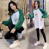 Pregnant women autumn 2021 new spring and autumn long sleeve loose medium length sweater printing large size T-shirt top set tide