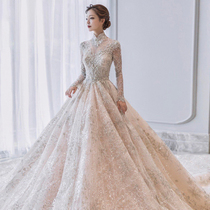 French long sleeve senior sense main wedding dress 2021 new bride temperament court style big tailing luxury cover thick arm