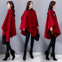 Red woolen coat womens long 2020 Spring and Autumn Winter new Korean cloak shawl pop Nizi coat