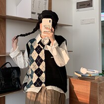 Japanese sweet autumn and winter New sweater College Style V collar color color loose student vest top