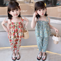 Girls floral suspender set 2021 new summer sleeveless color vest anti-mosquito pants two-piece Korean version of the explosion