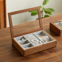 Solid Wood high-grade minimalist flannel jewelry box retro small exquisite transparent high-end light luxury jewelry earring storage box