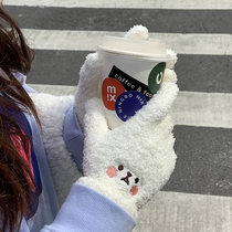 Cute Cartoon Little Bear Coral Suede Warm Gloves Women Winter Thickening Warm And Cold Girl Han Edition Winter Style