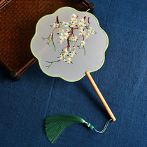 Suya white plum Chinese style long handle beech wood double-sided embroidery round womens Hanfu cheongsam retro style