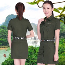 Outdoor womens short sleeve camouflage skirt military uniform one step skirt lapel petticoat 2020 Summer Slim long waist skirt