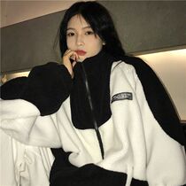 Baseball suit coat womens tide ins plus velvet padded loose Joker Harajuku retro stitching lamb wool top winter