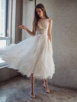 Certificate white dress medium and long 2021 vintage one-shoulder tutu banquet host feather daily small dress