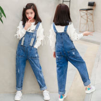 2021 autumn new girls denim pants foreign style children wear a big child play fashion suspenders tide