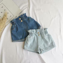 Summer new female baby denim shorts childrens swimsuit contrast color button pants girls casual jeans tide