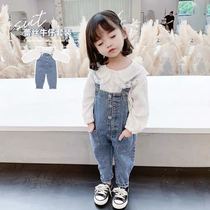 Autumn new girls denim bib baby swimsuit childrens western style lace shirt two-piece suit fashionable
