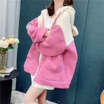 Tide brand 2021 autumn and winter New lazy wind color lamb wool sweater women cardigan cat ear hooded and velvet coat
