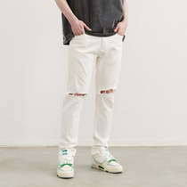 CLIMAX VISION washed up as old knee breaking hole elastic denim jeans display slim straight cylinder long pants boomer