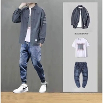 Gangfeng casual suit mens Spring and Autumn New elastic jeans Net red ruffle handsome overfitting shirt mens set