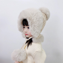 Warm childrens hat girls autumn and winter cute knitted wool cap baby high grade hair ball child ear cap